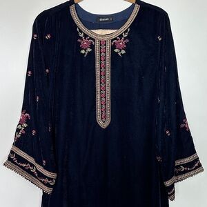 Embroidered Blue Velvet Tunic with Floral Accents with embellished ivory pants